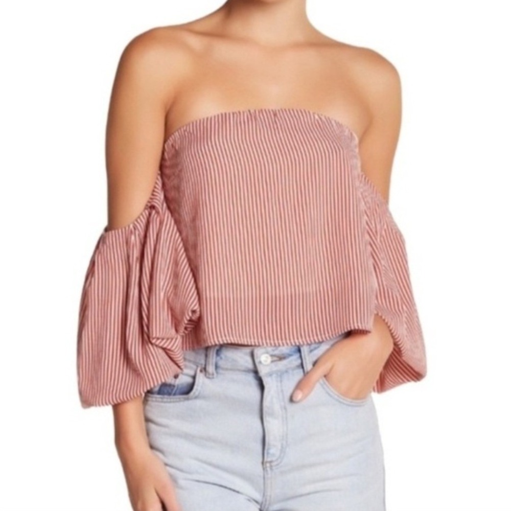 Good Luck Gem Red White Striped Off Shoulder Puff Sleeve Crop Top Sz L Boho